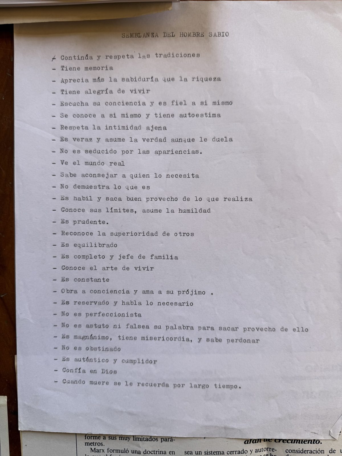 Semblanza del hombre sabio, escrita en su máquina de escribir