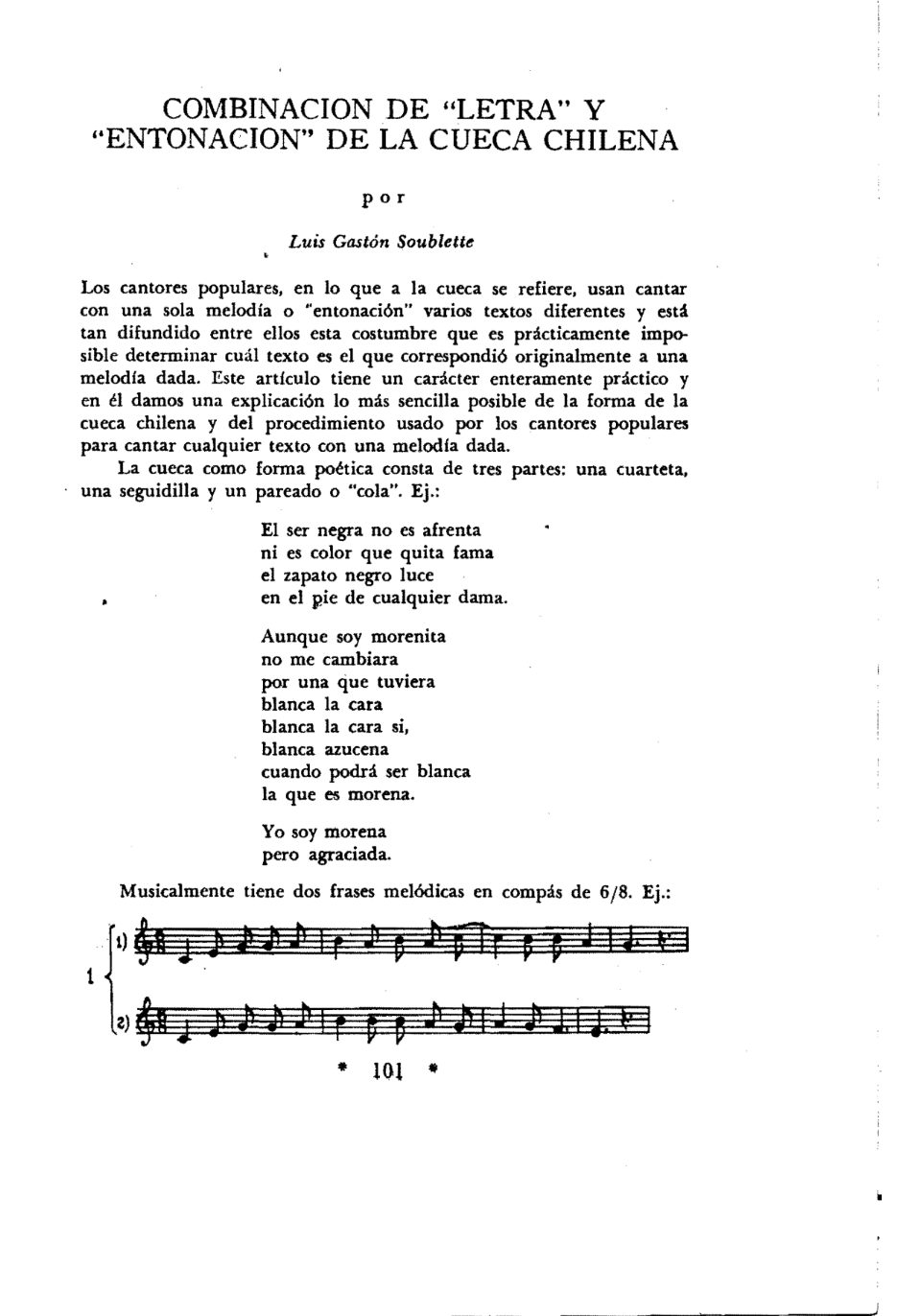 Combinación de «letra» y «entonación» de la cueca chilena