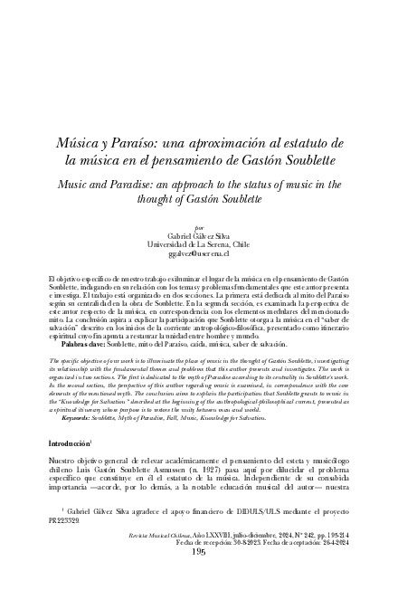Música y Paraíso: una aproximación al estatuto de la música en el pensamiento de Gastón Soublette