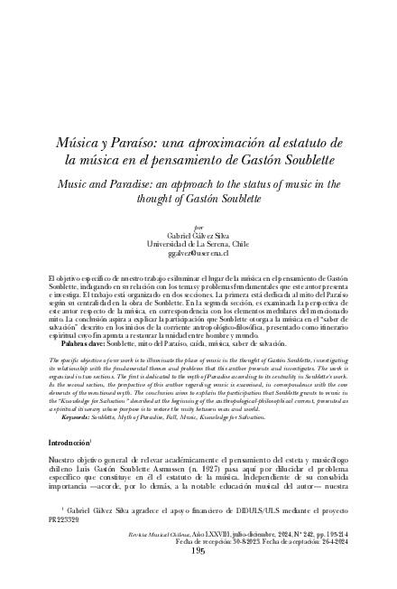 Música y Paraíso: una aproximación al estatuto de la música en el pensamiento de Gastón Soublette