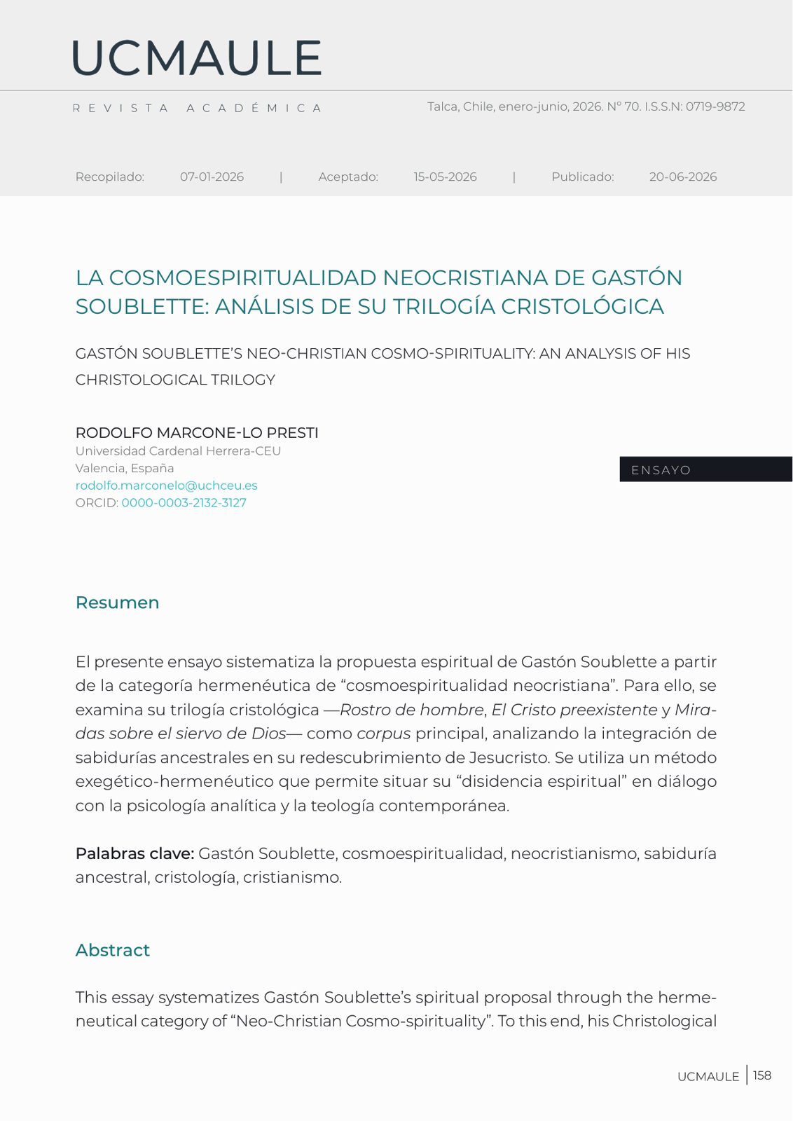 La cosmoespiritualidad neocristiana de Gastón Soublette: análisis de su trilogía cristológica